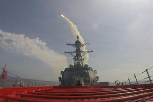 The guided-missile destroyer USS Frank E. Petersen Jr. fires a Tomahawk missile during Operation Epic Fury on Feb. 28, 2026.  U.S. Navy via AP