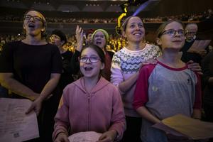 Orthodox Jewish women attend an event celebrating the completion of the 7½-year cycle of daily study of the Talmud, the central text of Jewish law, on Jan. 5, 2020, in Jerusalem. AP Photo/Tsafrir Abayov