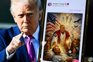This photo illustration created on April 13, 2026 shows a picture of US President Donald Trump on a screen and an AI-generated picture he posted on his Truth Social platform depicting himself as Jesus Christ after criticizing Pope Leo XIV. Trump later posted an AI-generated image seemingly depicting himself as Jesus Christ. In the image, the president appears dressed in red and white robes as he cures a man with his healing hand. The American flag is shown over his shoulder. Trump and the White House have previously shared AI-generated images, including one that showed the president dressed as the pope. (Photo by Mandel NGAN / AFP via Getty Images) / NOTE TO  EDITORS : ADDITION OF THE AFP VISUAL LABEL TO THE IMAGE GENERATED BY ARTIFICIAL INTELLIGENCE
