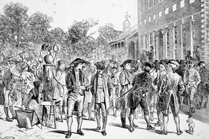 A Harper's Weekly image of the first reading of the Declaration of Independence outside Independence Hall in Philadelphia on July 8, 1776.  MPI/Getty Images