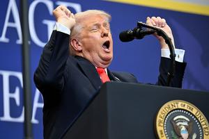 THE VILLAGES, FLORIDA - MAY 01: U.S. President Donald Trump speaks at The Villages Charter School on May 01, 2026 in The Villages, Florida. President Trump spoke about economic development, his administration's tax plan and Social Security. (Photo by Roberto Schmidt/Getty Images)