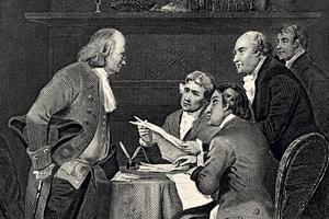 The men responsible for producing the Declaration of Independence, known as the Committee of Five, were, left to right: Benjamin Franklin, Thomas Jefferson, Roger Sherman, John Adams and Robert R. Livingston. Vintage etching circa late 19th century, digital restoration by Pictore via Getty Images