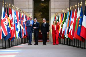 German Chancellor Friedrich Merz, French President Emmanuel Macron, British Prime Minister Keir Starmer and Italian Prime Minister Giorgia Meloni arrive for a press conference at the Elysee Palace in Paris on April 17, 2026. Jeanne Accorsini/Pool/AFP via Getty Images
