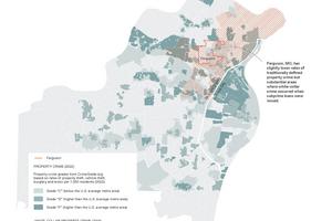 While financial institutions also commit property crimes (red hashmarks) through subprime mortgages, these are rarely included in property crime maps that typically only highlight property and vehicle theft, burglary and arson.
              Patty Heyda/Radical Atlas of Ferguson, USA via Belt Publishing