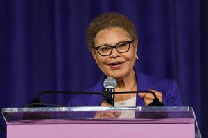 Los Angeles Mayor Karen Bass speaks during the opening of the Metro D Line subway extension at the Petersen Automotive Museum in Los Angeles on May 8, 2026. The transit extension adds three new stations along Wilshire Boulevard to Beverly Hills ahead of the 2026 FIFA World Cup with two more extensions of the rail line planned to be completed before the 2028 Summer Olympics. (Photo by Patrick T. Fallon / AFP via Getty Images)