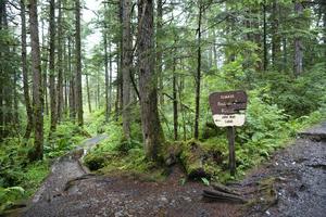 A sign on a dirt hiking trail in the Tongass National Forest in southeast Alaska points to naturalist John Muir's cabin. Wanderluster/iStock/Getty Images