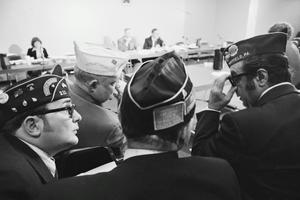 Legionnaires wait to testify before a special congressional inquiry in November 1976 into the cause of the mysterious disease.  Bettmann/Bettman Collection via Getty Images