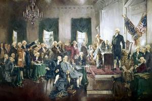 This painting depicts the Constitutional Convention in 1787. The Founding Fathers leaned on French philosopher Montesquieu as they designed the Constitution.  GraphicaArtis/Archive Photos via Getty
