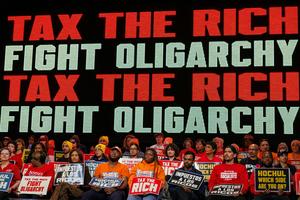 People attend a Tax The Rich rally hosted by the Democratic Socialists of America in the Bronx, N.Y., on March 29, 2026.  Jason Alpert-Wisnia/Hans Lucas/AFP via Getty Images