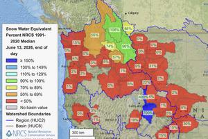 Most of the snowpack in the Western U.S. was far below the 30-year average in June 2026, suggesting a dry summer ahead. Snow-water equivalent is a measure of the amount of water in snowpack.
              National Water and Climate Center