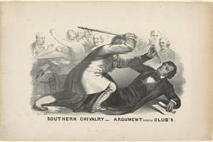 In John Magee’s print, Preston Brooks wields a cane against Charles Sumner, who is clutching a pen and a rolled-up speech. John L. Magee, The New York Public Library