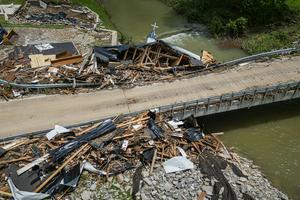 Fast-moving floodwater from a storm damaged bridges and homes and broke apart Million Bible Church in Richmond, Ky., in late June 2026. Jon Cherry/Getty Images