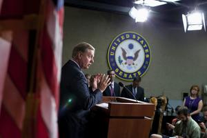 Sen. Lindsey Graham holds a news conference on Capitol Hill in Washington, D.C., on Oct. 8, 2013.  AP Photo/ Evan Vucci
