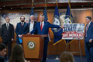 Republican Rep. Ralph Norman joins members of the conservative House Freedom Caucus at the Capitol in June 2026 to criticize the Senate for not acting on the Save America Act. The act is stuck in limbo between the U.S. House and Senate. J. Scott Applewhite/AP Photo