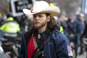 Patriot Front founder Thomas Ryan Rousseau leads his group as they march with anti-abortion activists during the 49th annual March for Life rally on Jan. 21, 2022, in Washington, D.C. (Anna Moneymaker/Getty Images/TNS)