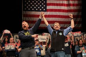 ORONO, MAINE - MAY 24: Democratic U.S. Senate candidate Graham Platner and Troy Jackson (R), who is running for Governor of Maine, stand together during a “Fighting Oligarchy” tour stop at the Collins Center for the Arts on the University of Maine campus on May 24, 2026 in Orono, Maine. Platner is the presumptive Democratic nominee and will face incumbent Sen. Susan Collins (R-ME) for Maine's U.S. Senate seat in the general election.  (Photo by Joe Raedle/Getty Images)