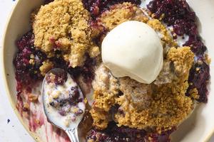Juicy blackberries with a hint of lemon are topped with a golden brown crumbly topping to make a dessert that’s just begging for a scoop of ice cream. (Alex Lepe/TCA)