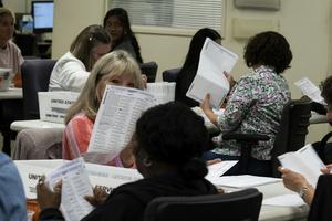 Workers in the vote-by-mail processing area at the Orange County Registrar of Voters in Santa Ana, Calif., on May 27, 2026.   Paul Bersebach/MediaNews Group/Orange County Register via Getty Images