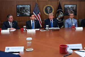 CAMP DAVID, MARYLAND - JULY 31: U.S. President Donald Trump speaks during a Cabinet meeting at Camp David, the presidential retreat, with (L-R) Secretary of the Interior Doug Burgum, Secretary of State Marco Rubio, and Secretary of Defense Pete Hegseth on July 31, 2026 in Camp David, Maryland. Trump convened members of his Cabinet at the presidential retreat as the war with Iran continues. (Photo by Anna Moneymaker/Getty Images)