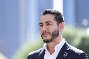 Michigan Democratic Senate primary winner Abdul El-Sayed arrives to a press conference in front of the Spirit of Detroit statue on Aug. 5, 2026, in Detroit, Michigan. El-Sayed called on Michiganders to unite against Mike Rodgers as well as challenging him to multiple debates. (Finn Gomez/Getty Images/TCA)
