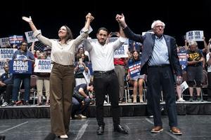 Rep. Alexandria Ocasio-Cortez, Michigan candidate Abdul El-Sayed and U.S. Sen. Bernie Sanders at 