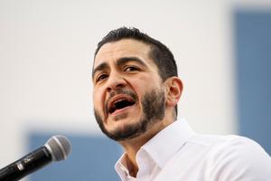 Abdul El-Sayed, candidate for US Senate in Michigan, speaks before U.S. Sen. Bernie Sanders (I-VT) takes the stage at Mumford High School on May 3, 2026, in Detroit, Michigan. Sanders is visiting the midwest on his Fighting Oligarchy: Where We Go From Here tour. (Sarah Rice/Getty Images/TNS)