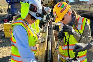 Study authors Regan Dunn and Ellen Currano work on a sediment core extracted from Wyoming’s Hanna Basin by colleagues with the U.S. Geological Survey. Cores like this capture layers of fossil pollen and leaf material going back in time, revealing how environments changed.
              Regan Dunn