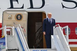 US President Donald Trump disembarks from Air Force One upon his arrival at Etimesgut Air Base near Ankara, on July 7, 2026, to attend the 36th NATO Heads of State and Government Summit. (Photo by Abdullah Güçlü / POOL / AFP via Getty Images). POOL/AFP via Getty Images