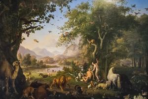Original painting Adam and Eve in the garden of Eden. Great canvas ‘Adam and Eve in the Garden of Eden’ painted by Wenzel Peter in 1745. In Vatican museums Pinacoteca, Rome. Dreamstime/TCA