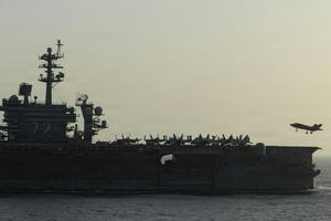 The USS Abraham Lincoln conducts blockade operations on April 16, 2026, in the Arabian Sea.  U.S. Navy via Getty Images