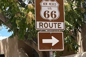 Historic Route 66 sign near the center of Santa Fe, NM. Andy Yemma