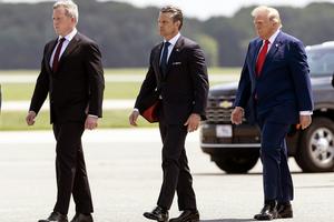 Army Secretary Dan Driscoll, Secretary of Defense Pete Hegseth and President Donald Trump attend a dignified transfer on July 22, 2026, for casualties of the Iran war. Kevin Dietsch/Getty Images News via Getty Images