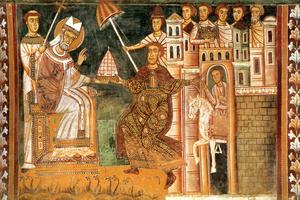 A fresco in the San Silvestro Chapel of Santi Quattro Coronati in Rome depicts Constantine the Great offering a crown to Pope Sylvester I. Unknown medieval artist in Rome via Wikimedia Commons