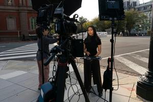 Reporter Akayla Gardner reports near the White House after being denied entry following President Donald Trump's ban on CNN, MS NOW and Politico, Sept. 19, 2026. AP Photo/Jose Luis Magana