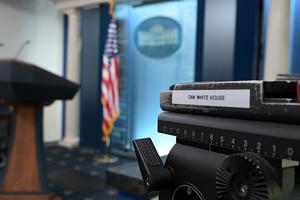 A CNN sticker is seen on equipment in the James Brady press briefing room of the White House on September 19, 2026 in Washington, DC. The White House made good on US President Donald Trump's vow to deny CNN, MS NOW and Politico access to the presidential mansion as punishment for reporting what he calls 