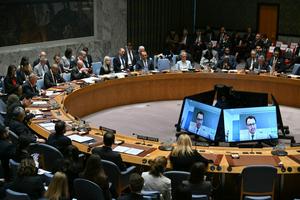 Anthropic CEO Dario Amodei appeared by video during a U.N. Security Council meeting on artificial intelligence during the General Assembly in New York on Sept. 23, 2026. Angela Weiss/AFP via Getty Images