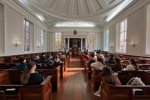 Students studying Jewish history in the South visit Kahal Kadosh Beth Elohim, a synagogue in Charleston, S.C., that was founded in the 18th century. Ashley Walters