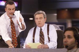 CBS News anchor Dan Rather rehearses for election night coverage on Nov. 3, 2000, in New York. AP Photo/Mark Lennihan