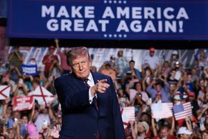 U.S. President Donald Trump arrives onstage for a campaign rally in the Mitchell Center at the University of South Alabama on Oct. 2, 2026, in Mobile, Alabama. (Anna Moneymaker/Getty Images/TCA)