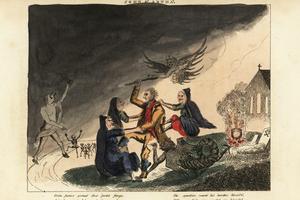 An engraving from 1826 shows a Scottish traveler fighting witches and demons in a church graveyard. Florilegius/Universal Images Group via Getty Images