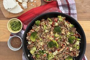 A hearty beef and rice skillet with mushrooms, sun-dried tomatoes and broccoli makes family dinner flavorful and weeknight-friendly. (JeanMarie Brownson/TCA)
